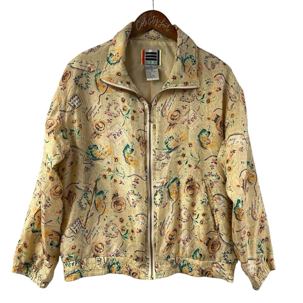 Vintage 100% Silk Bomber Jacket Gardening Plants EVR Small Oversized